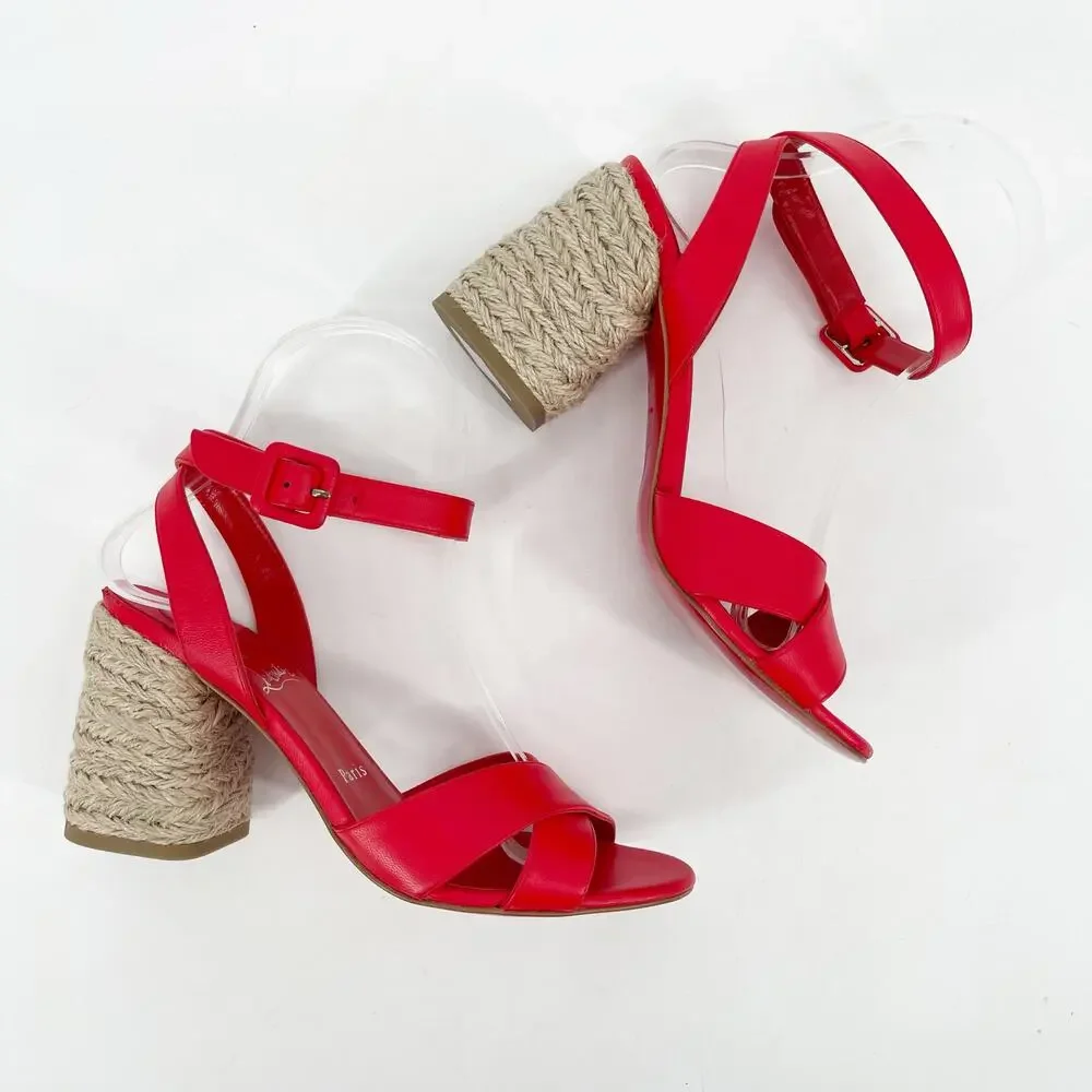 Christian Louboutin Summer Mariza 85 Red Leather Espadrilles Heels Sandals EU 37